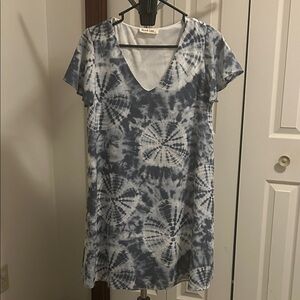 Peach Love California blue and white tie dyed patterned dress.